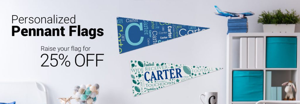 Custom Sports Pennant Flags, including word art, baseball, football, and family name