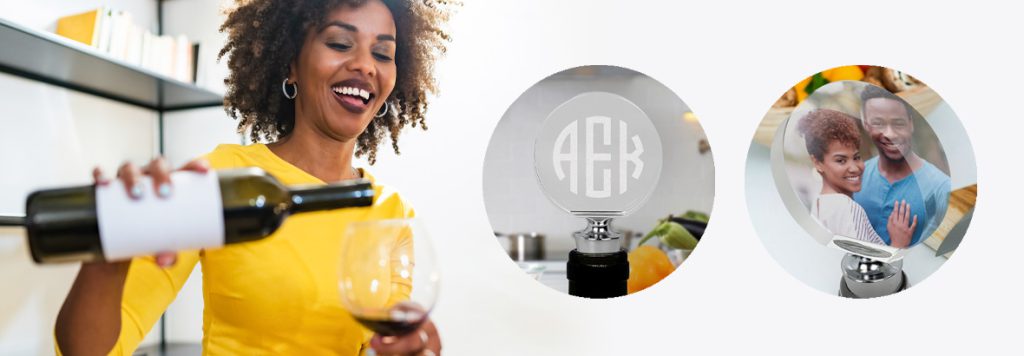 Woman pours wine into a glass with two examples of optic crystal bottle toppers float to her left.