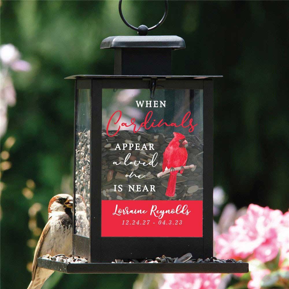 Black Metal Bird Feeder with Cardinals imagery. Memorial style sentiment. 