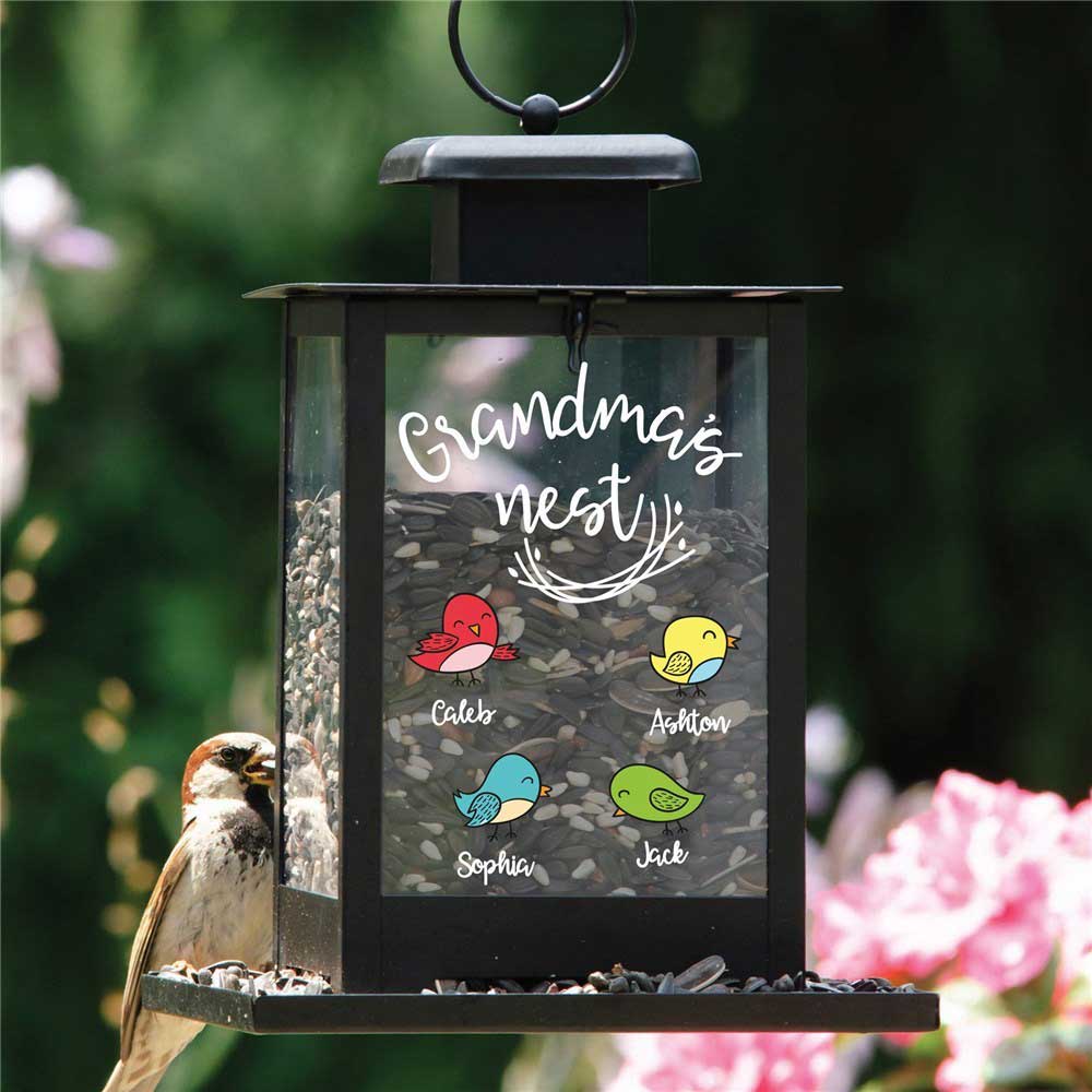 Personalized Grandma's Nest Bird Feeder - black metal bird feeder with 4 window panes. Add up to 6 names. 