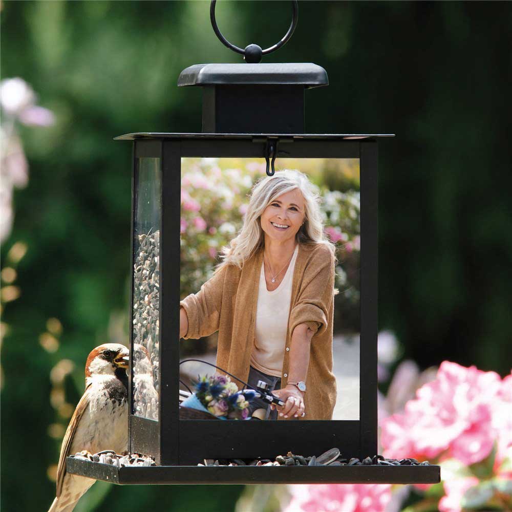 Black metal birdfeeder that allows you to apply any photo, artwork, or corporate logo to one pane of glass. 