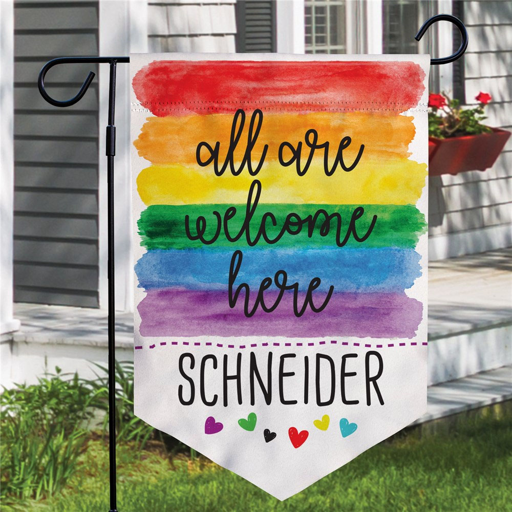 Pennant Garden Flag with rainbow All Are Welcome Here Message