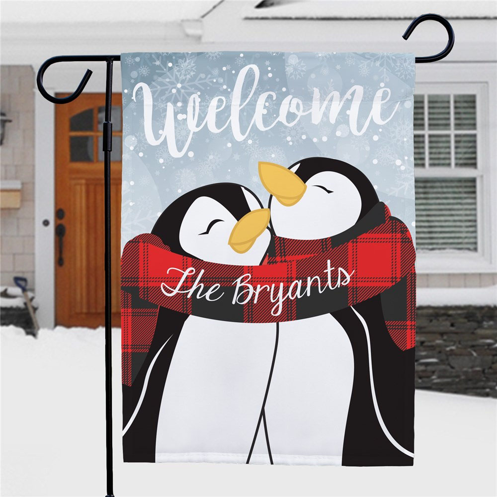 Welcome with Winter Penquins Personalized Garden Flag