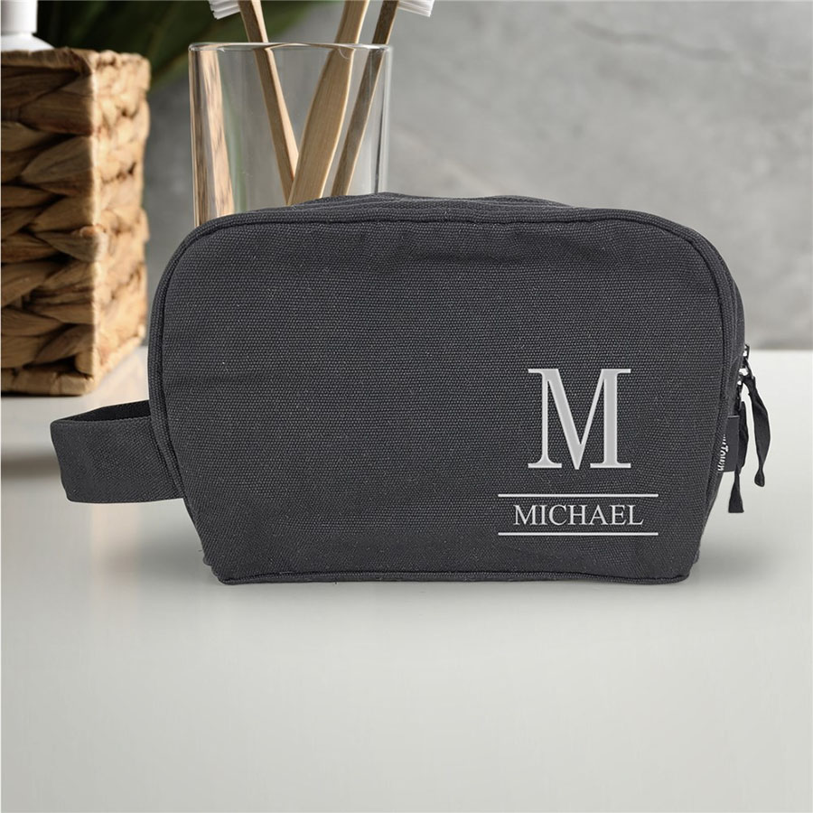 Embroidered Initial And Name Black Toiletry Bag