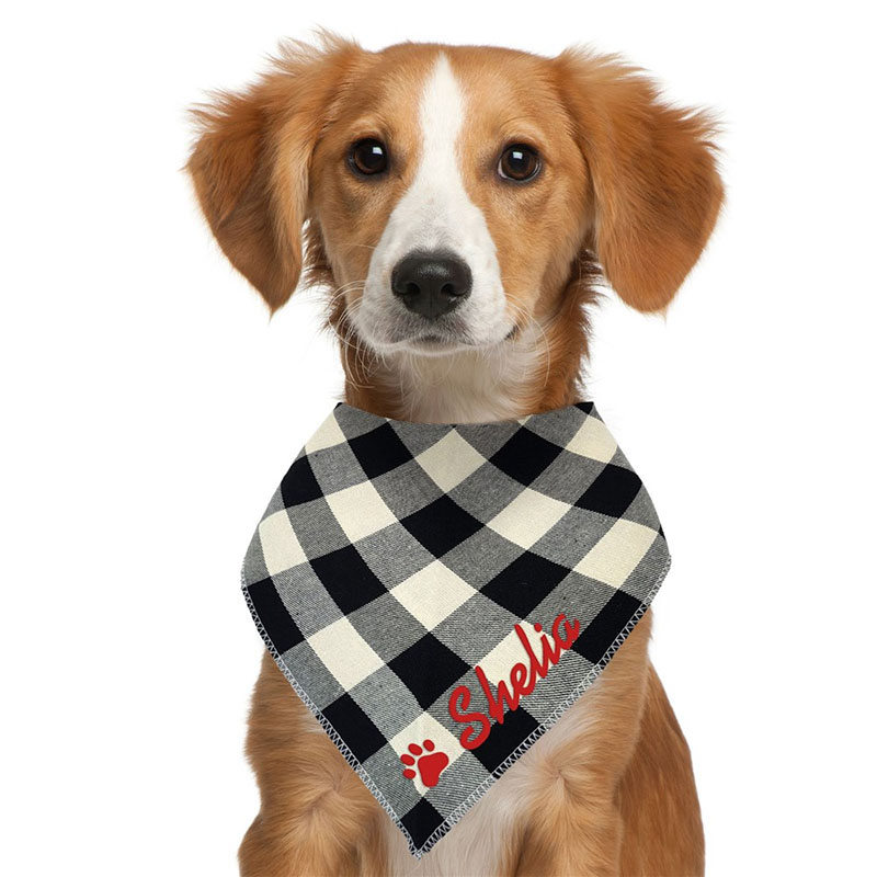 Embroidered Paw Print With Name Black And White Check Pet Bandana