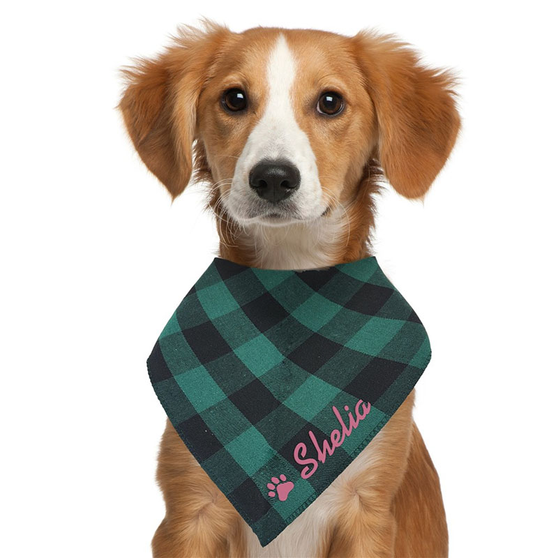 Embroidered Paw Print With Name Small Green And Black Plaid Pet Bandana