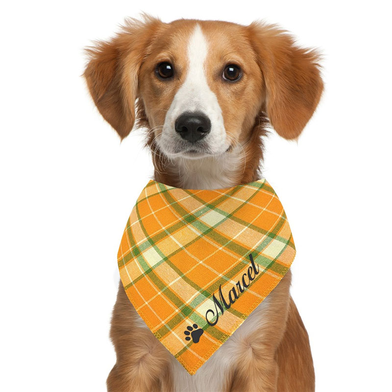 Embroidered Paw Print With Name Orange Plaid Pet Bandana